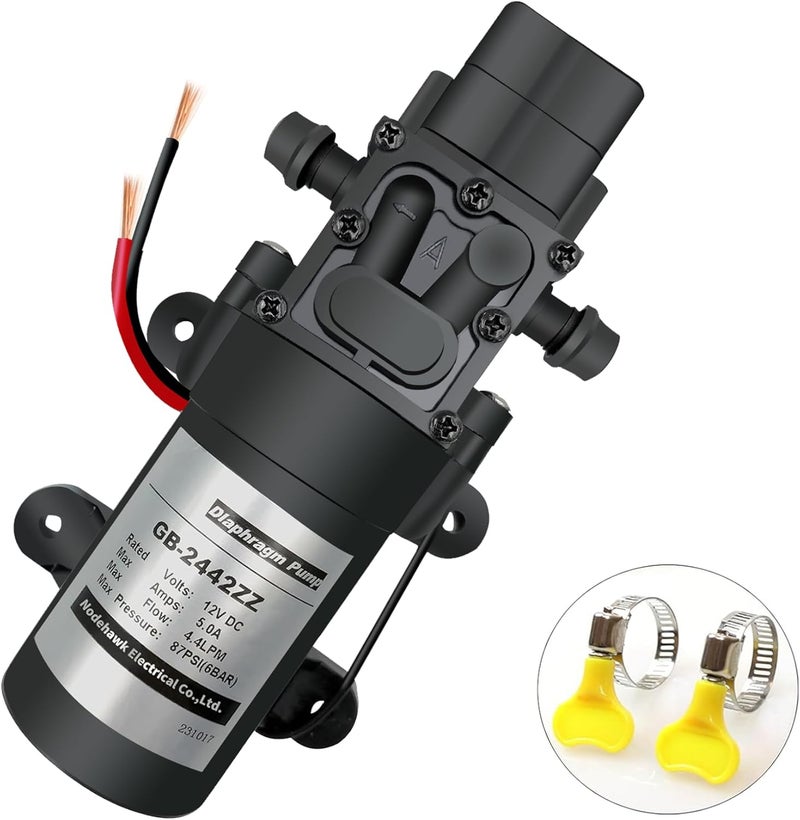 nodehawk DC 12V Diaphragm Pump, Self-Priming Sprayer Pump, 1.2 GPM 87 PSI Pressure Switch Adjustable water pump, With 2 hose clamps, for RV Camping Shower Garden Irrigation - Image 1